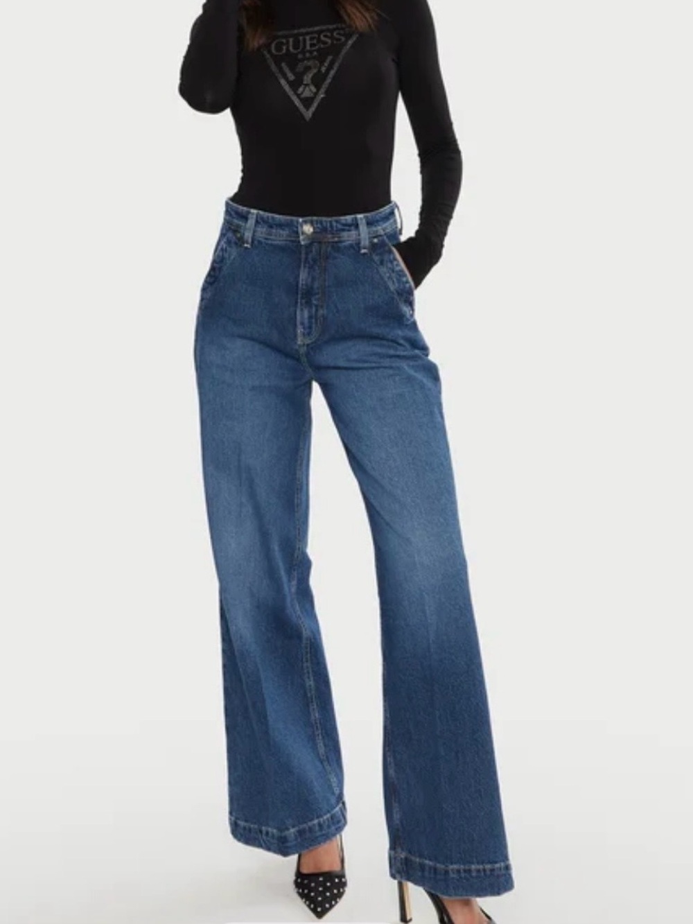 Guess High-Rise Dakota Wide Leg Jeans In Mid Wash Blue Size 30